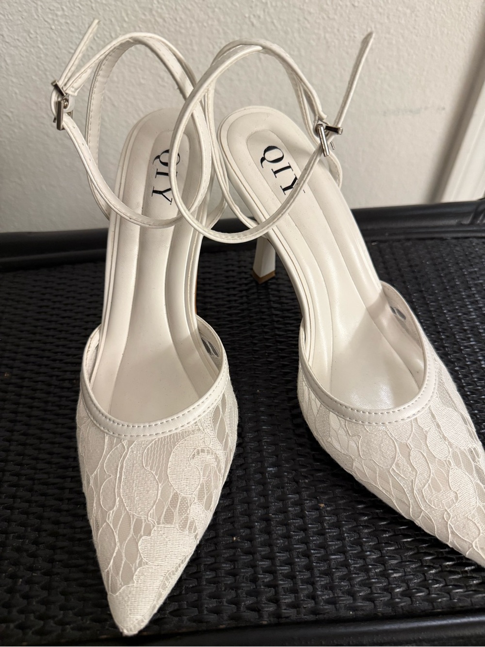 QIY White Lace Pointed Ankle-Strap Heels